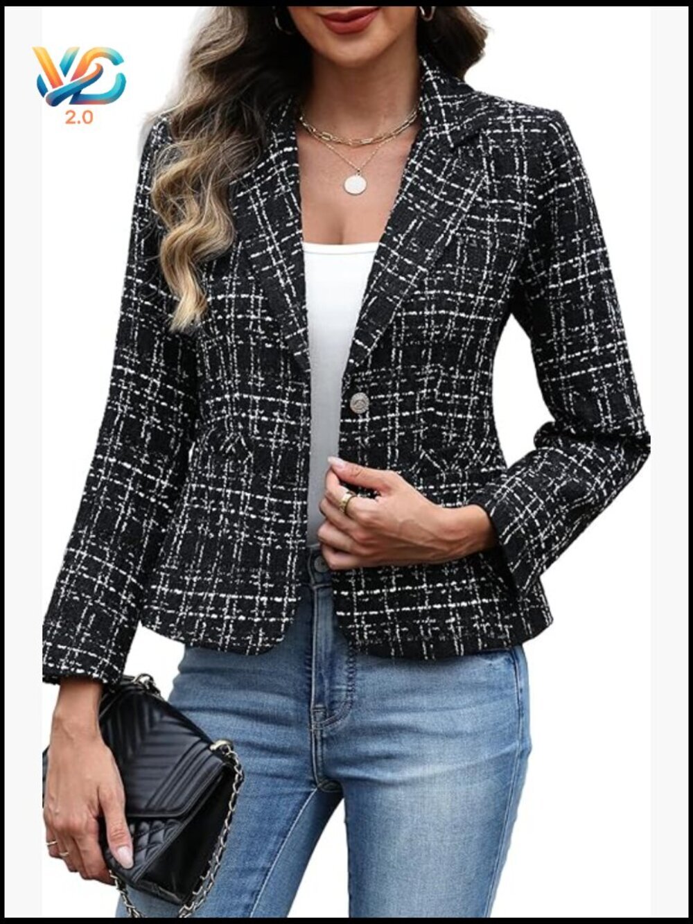 Slim Fit Tweed Blazer, 2 Button Long Sleeve Business Jacket with Pockets